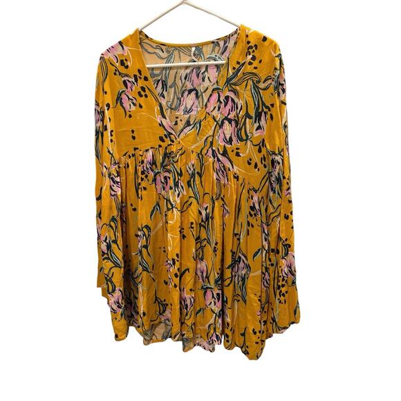 Free People Bella Floral Print Empire Tunic Top Golden Yellow Sz Small Boho - Picture 4 of 9